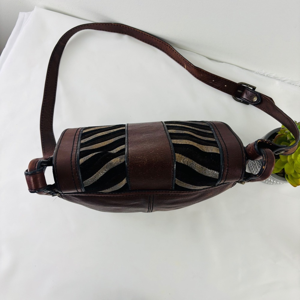 Fossil Reissue Saddle Flap Brown Leather Mixed Media Chevron Crossbody Bag Key - Picture 6 of 13